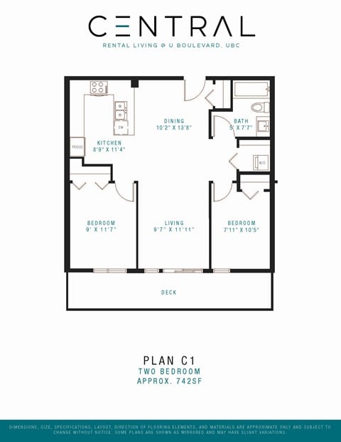 Floor plan for 2 beds, 1 bath, 742 sqft